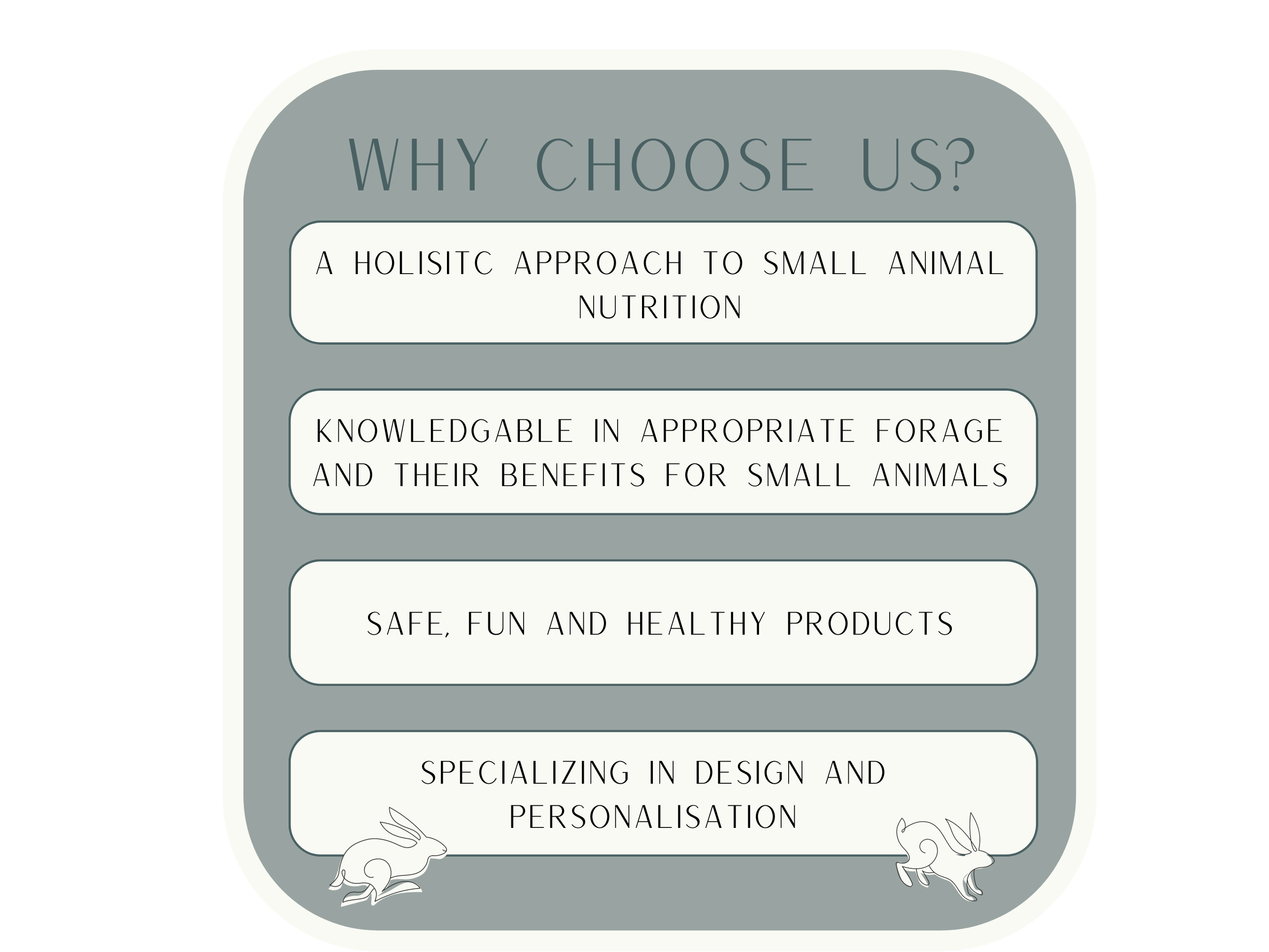 Why you should choose us?  Holistic Approach, Knowledgeable, Safe, Healthy Products, Specializing in design and Personalisation.